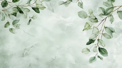 Soft green foliage drifts across a misty watercolor sky.