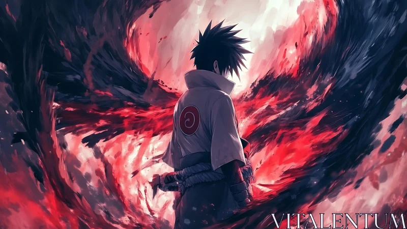 Anime swordsman stands amid swirling red and black energy
