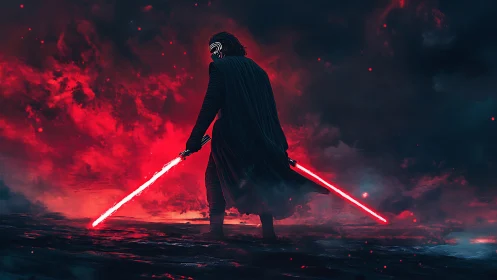 Masked warrior with dual red plasma blades in storm haze