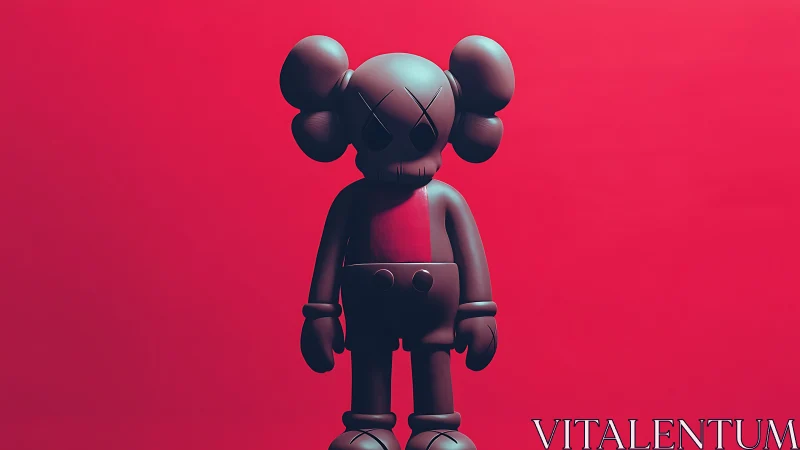 Moody designer toy figure on saturated crimson backdrop.