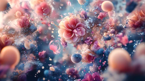 Lush pink floral spheres floating in dreamy abstract space.