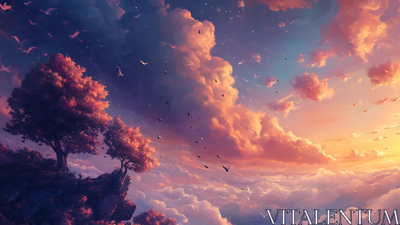 Sunset cloudscape over cliffs with glowing dream trees.