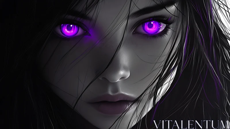 Digital portrait with luminous violet eyes in grayscale frame.