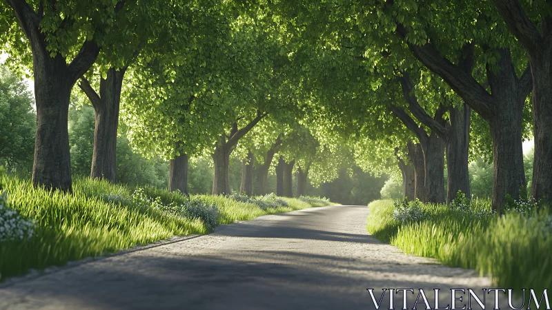 Sunlit country road under lush green tree canopy.