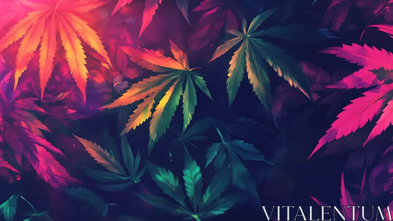 Neon cannabis leaves glow in a vibrant abstract pattern.