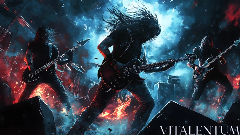 Dynamic metal band performance in explosive digital painting style.