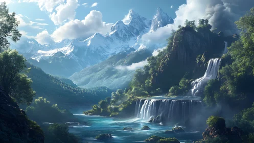 Vast digital landscape with waterfalls and snowy peaks.