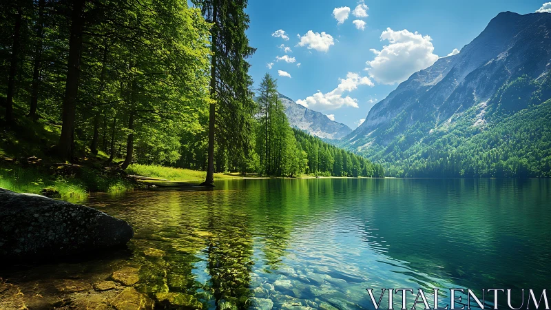 Alpine lake shoreline renders high-clarity forest reflection