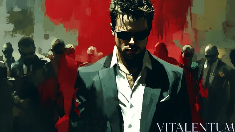 Suit-clad enigma strides through painted crimson tension