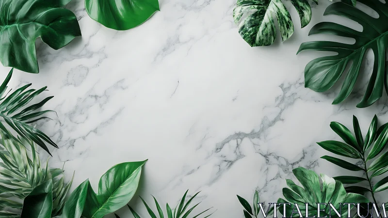 Marble hush beneath tropical leaves in quiet emerald orbit.