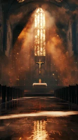 Sunlit cathedral aisle glowing with quiet golden reverence.