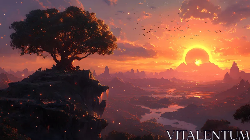 Sunlit dreamscape with ancient tree above glowing valleys.