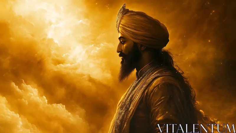 Golden-robed royal figure stands calmly in glowing clouds