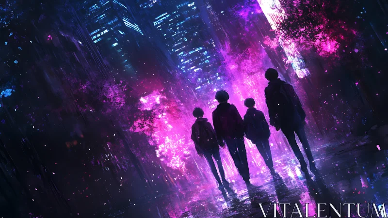 Neon city wanderers crossing a rain-soaked midnight street.