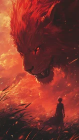 Fiery spectral lion looms above lone wanderer at dusk