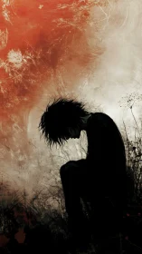 Silhouette boy crouching under stormy red abstract sky.