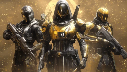 Triad of armored sci fi sentinels in luminous gold haze.
