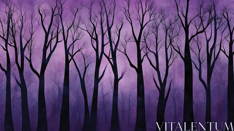 Bare deciduous forest silhouettes against gradient violet dusk