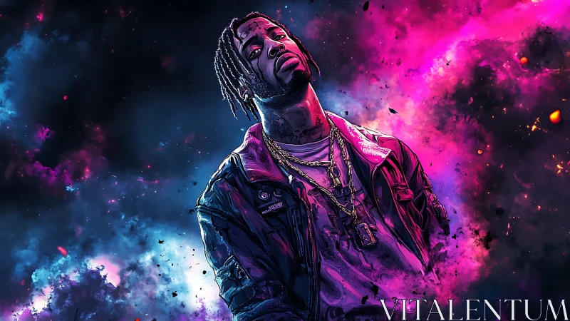 Portrait of neon-lit man in cosmic pink and blue cloudscape