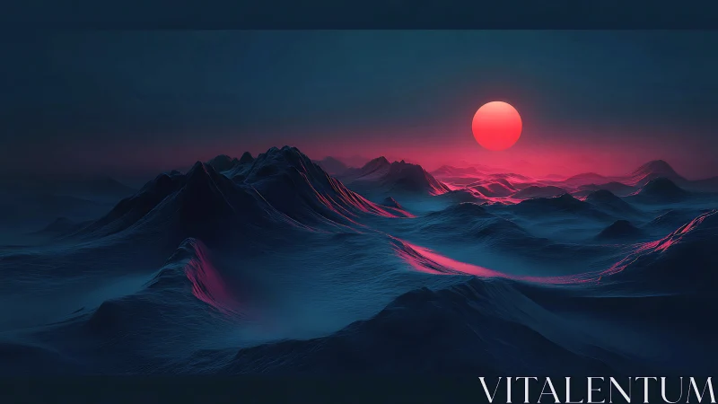 Neon sun illuminates undulating extraterrestrial mountain ranges