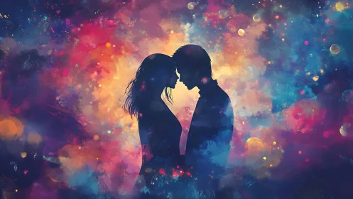 Silhouetted Couple Within Chromatic Particle Cloud Formation.