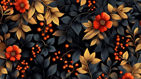 Floral Pattern with Red Flowers and Orange Berries