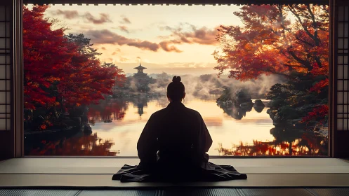 Silhouette of seated figure facing autumn lakeside temple.