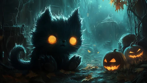 Glowing-eyed black cat haunts a misty Halloween forest.