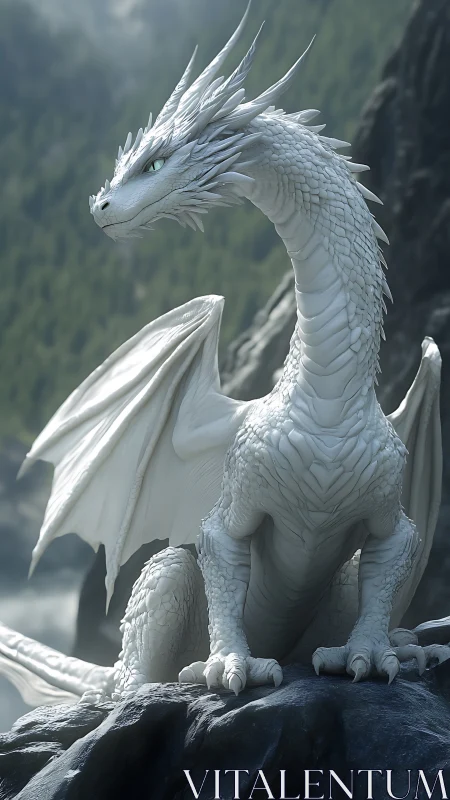 Photorealistic white dragon portrait with alpine cinematic lighting.