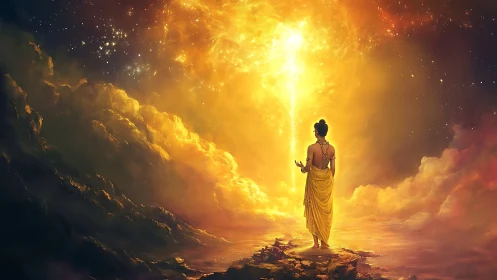 Backlit robed figure studies vertical stellar energy conduit in sky