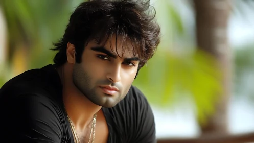 Moody tropical portrait of brooding man in soft daylight.