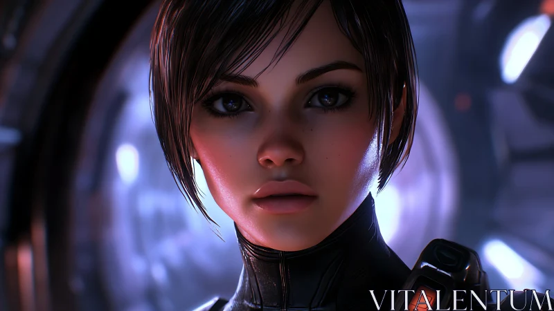 Focused sci fi woman in detailed futuristic cockpit portrait.