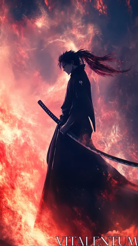 Emberlit samurai silhouette walks through rising crimson fire.