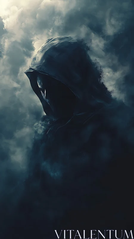 Shrouded hooded figure emerging from swirling storm clouds.