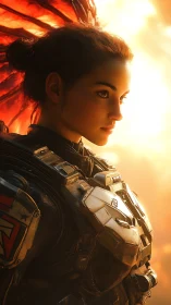 Sunlit space warrior gazes ahead with calm, steady courage