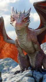 Young red dragon perches proudly on a sunny mountain ledge