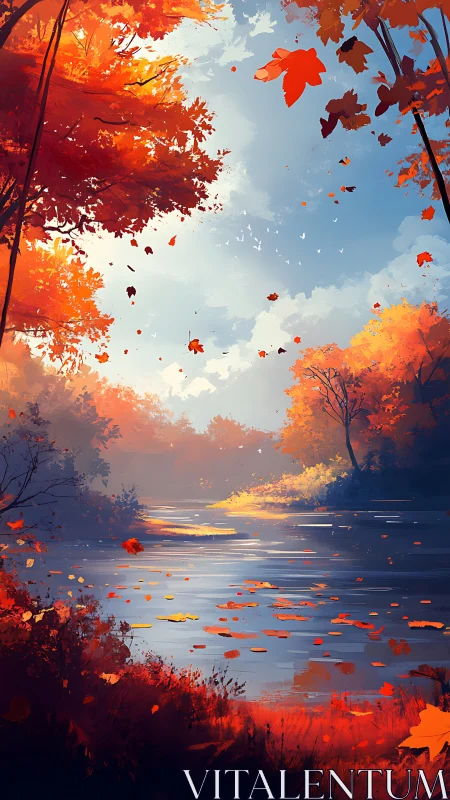 Autumn river landscape with drifting foliage under open sky
