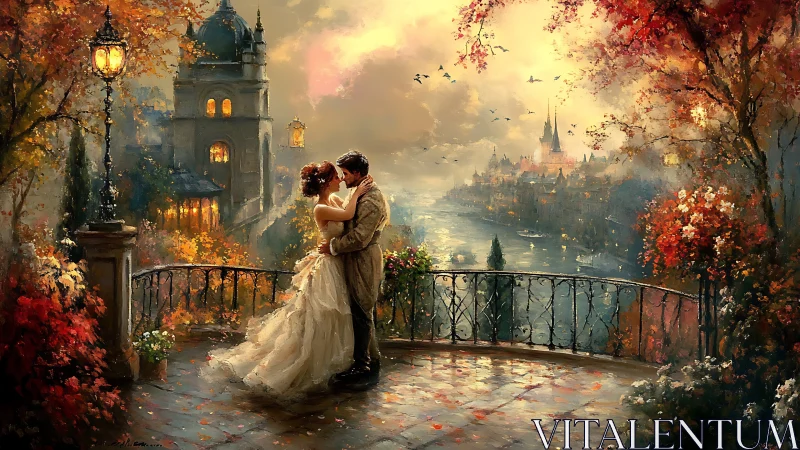 Romantic Embrace Over a Fairy Tale City at Golden Hour