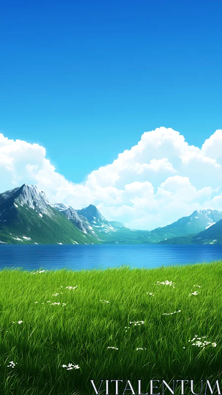 Alpine lakeside meadow under cumulus cloud field and clear sky