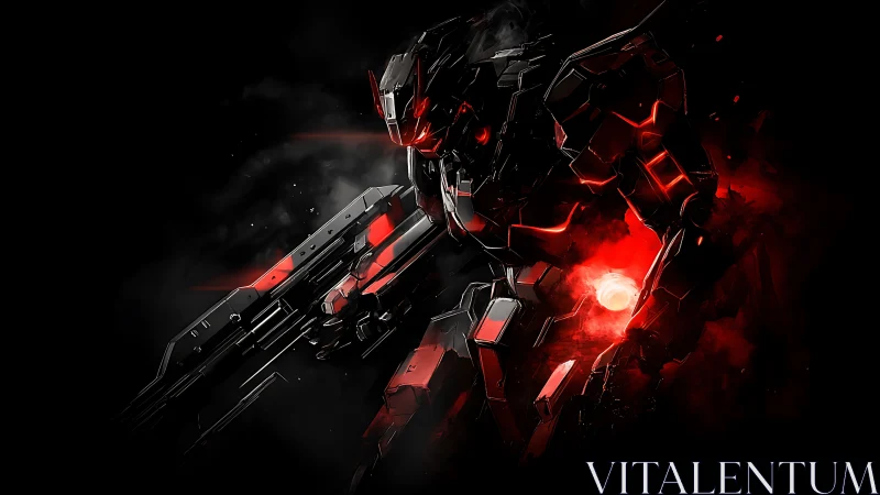 Armored sci fi mech with glowing red energy core