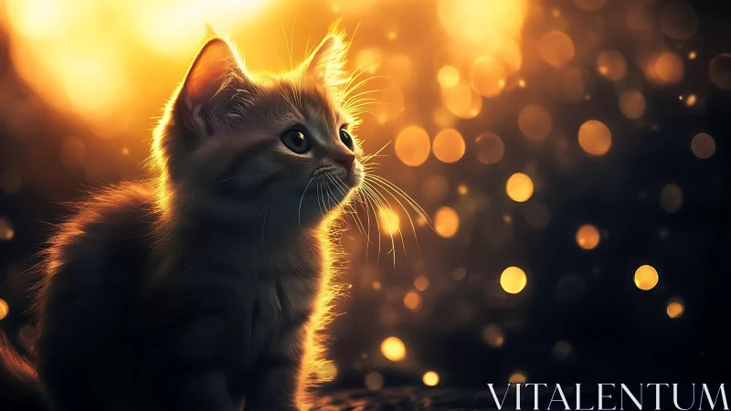 Kitten Bathed in Golden Sunlight with Bokeh Particles