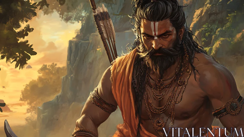 Warrior ascetic in sunset canyon with ornate jewelry focus.