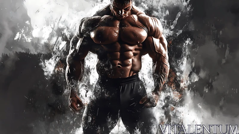 Storm-forged bodybuilder framed in smoky painted power.