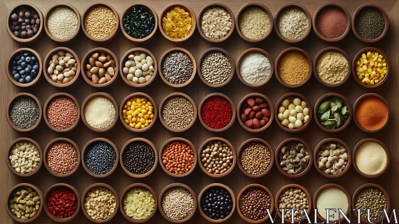 Symphony of grains and seeds in meticulously ordered bowls.