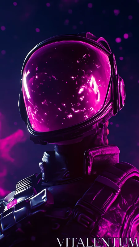 Astronaut in reflective magenta helmet stands in glowing void
