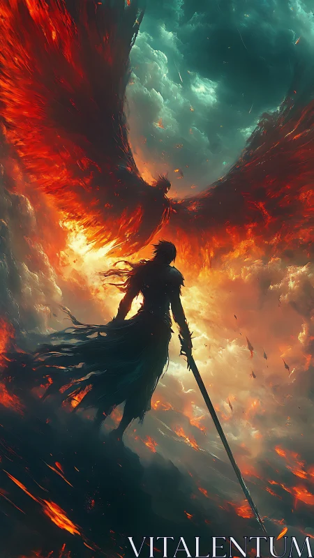 Winged fire entity confronts lone warrior in molten skies.