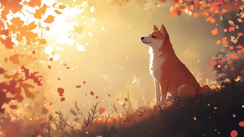 Dog sitting in warm autumn forest light, peaceful scene.