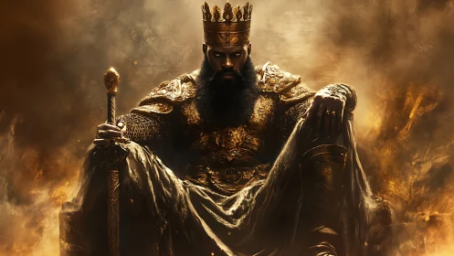Regal warrior king sits in glowing golden throne room haze