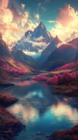 Dreamy pink valley cradling a towering mountain peak.