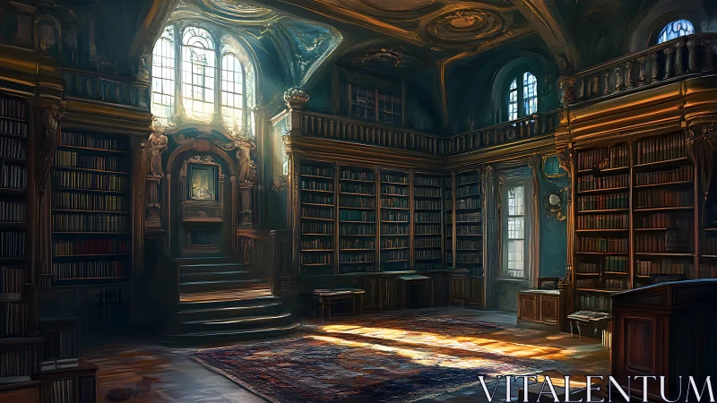 Grand historic library interior lit by tall arched windows.